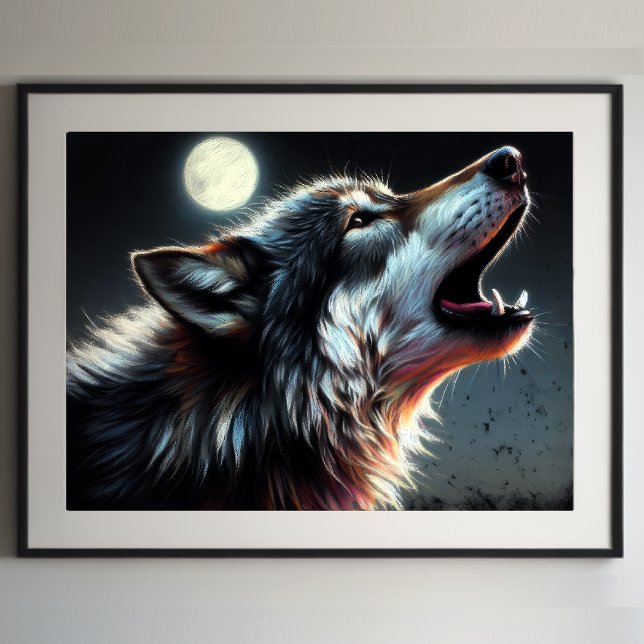 Poster Dessin dur Pastel Wolf Howling Moon II (Créateur téléchargé)