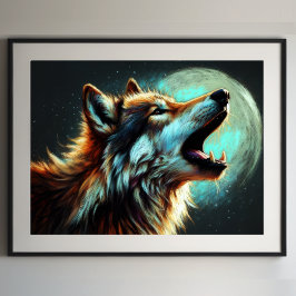 Poster Dessin dur Pastel Wolf Howling Moon III