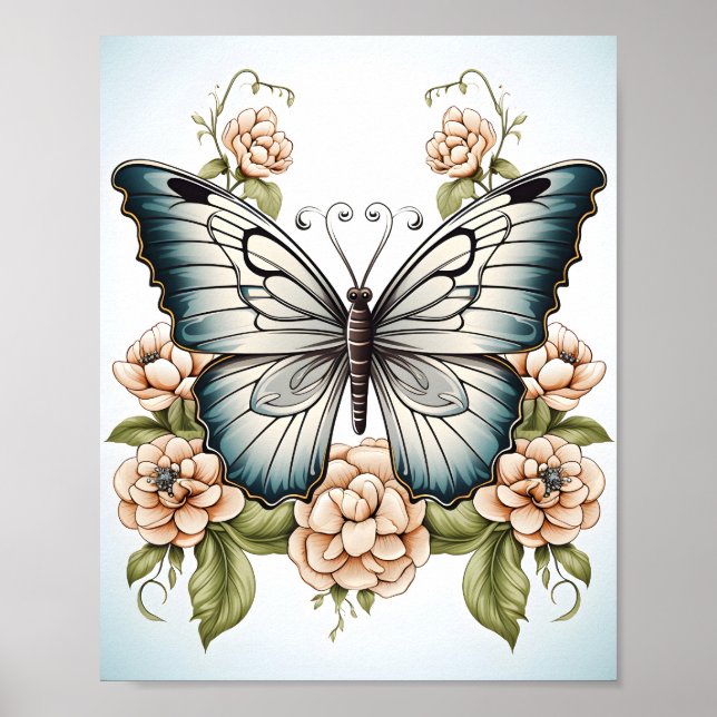 Poster Dessin En Ligne Noire Et Blanche D'Un Papillon (Devant)