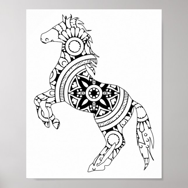 Poster Dessin en mandala du cheval et silhouette blanche (Devant)