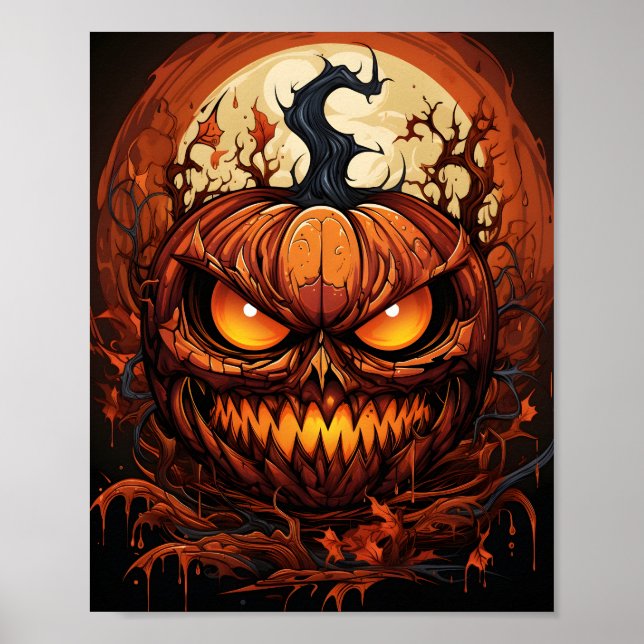 Poster Dessin Halloween Citrouille Effrayant Avec Les Yeu (Devant)