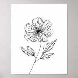 Poster Dessin minimaliste en ligne de fleurs noir et blan