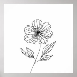 Poster Dessin minimaliste en ligne de fleurs noir et blan