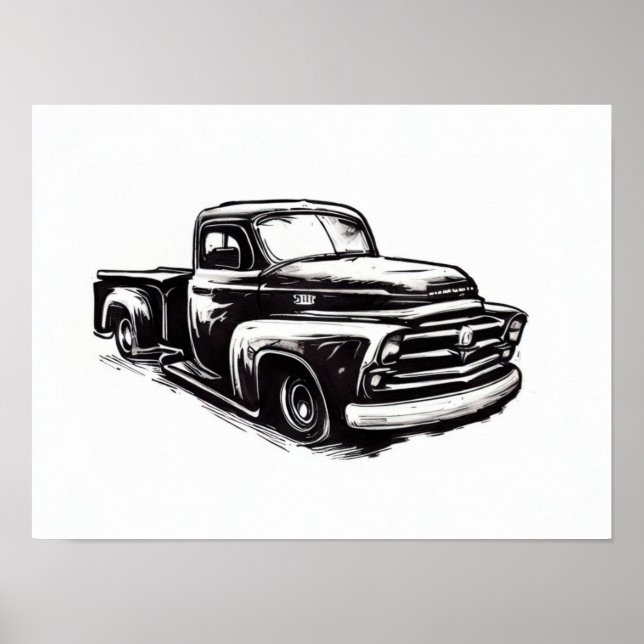 Poster Dessin noir et blanc à l'encre du camion à Dodge (Devant)