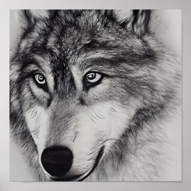 Poster Dessin noir et blanc d'un loup (Devant)