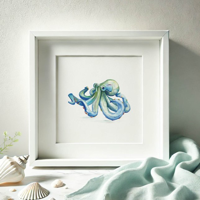 Poster Dessin octopique bleu aquarelle (Watercolor octopus in shades of blue on a print by Victoria Grigaliunas of Do Tell A Belle)