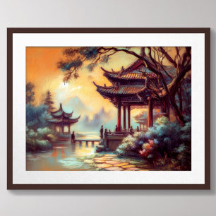 Poster Dessin pastel de l'ancien village de pagode chinoi