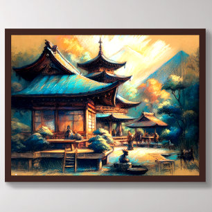 Poster Dessin pastel du village chinois antique