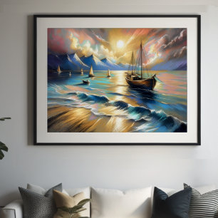 Poster Dessin pastel dur bateaux eau 