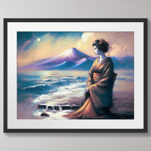 Poster Dessin Pastel Geisha Ocean Fuji