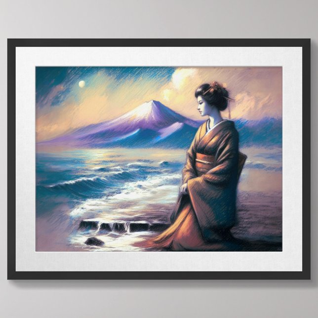 Poster Dessin Pastel Geisha Ocean Fuji (Créateur téléchargé)