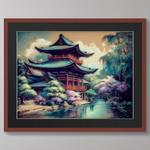 Poster Dessin Pastel Pagode asiatique et paysages