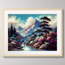 Dessin Pastel Paysage chinois antique Montagne