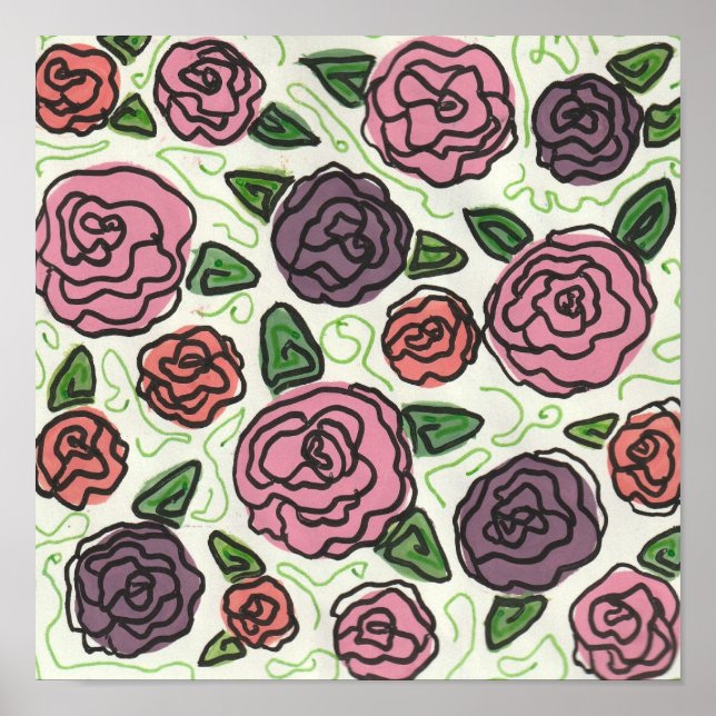 Poster Dessin simple en ligne de Roses rouge et violet (Devant)