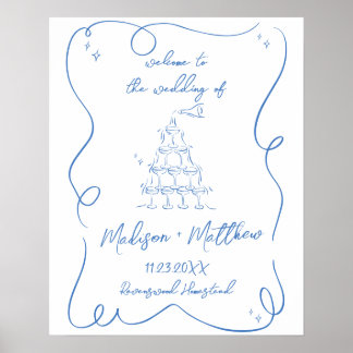 Poster Dessins à main Champagne Pour Mariage Bienvenue