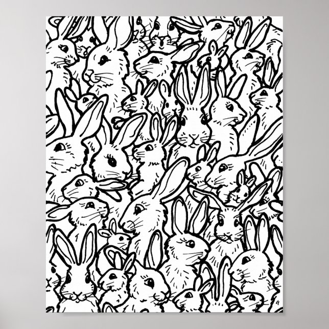 Poster Dessins de lapin noir et blanc Motif moderne (Devant)