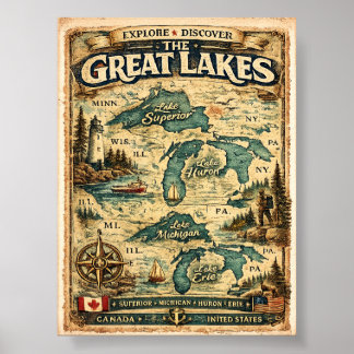 Poster Destination carte ancienne des Grands Lacs