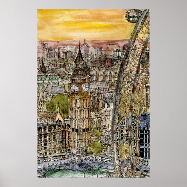 Poster Destinations | Aquarelle Big Ben & London Eye (Devant)