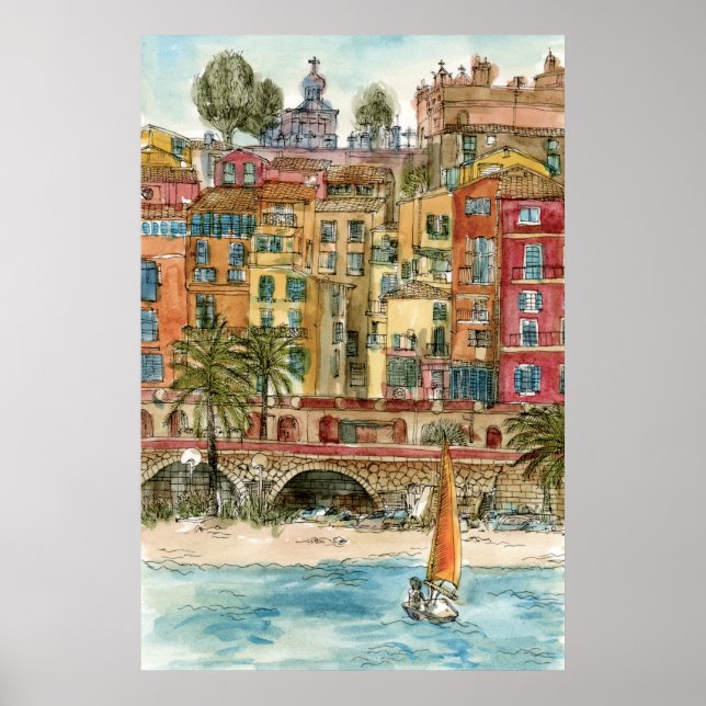 Poster Destinations | Watercolor Beach & Bâtiments (Devant)