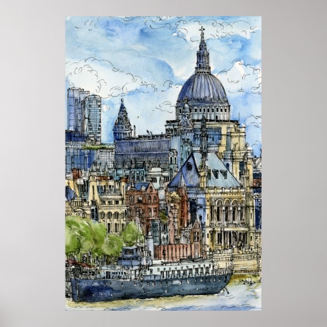 Poster Destinations | Watercolor River Thames Waterfront (Devant)