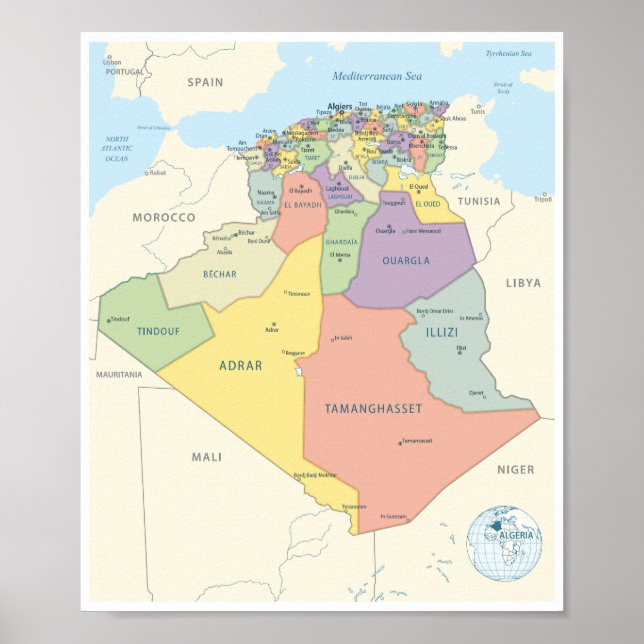 Poster Detailed Map of Algeria Regions (Devant)