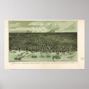 Poster Détroit Michigan 1889 Antique carte panoramique