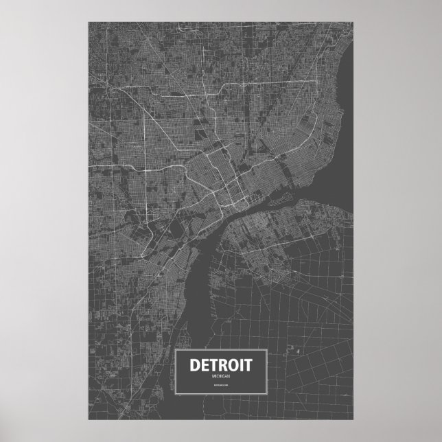 Poster Detroit, Michigan (blanc sur noir) (Devant)