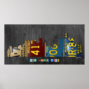 Poster Detroit Michigan City Skyline License Plate Art