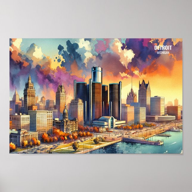 Poster Detroit Michigan USA Travel Places aquarelle (Devant)