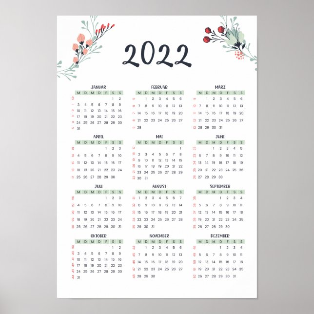 Poster Deutscher Jahreskalender mit KW 2022 A3 Grösse (Devant)