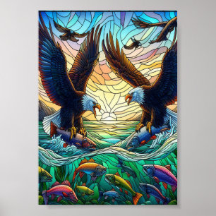 Poster Deux aigles à tête blanche qui capturent du poisso