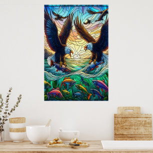 Poster Deux aigles à tête blanche qui capturent du poisso
