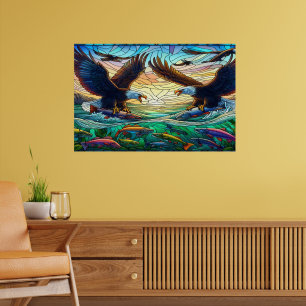 Poster Deux aigles à tête blanche qui capturent du poisso