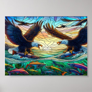 Poster Deux aigles chauds qui capturent du poisson sur l'