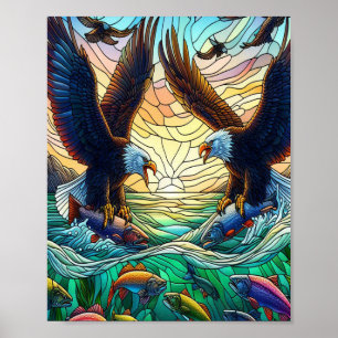 Poster Deux aigles chauves qui capturent du poisson sur l