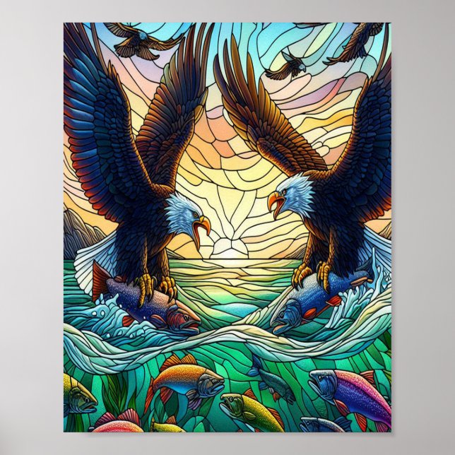 Poster Deux aigles chauves qui capturent du poisson sur l (Devant)