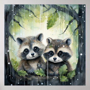 Poster Deux bébés ratons laveurs sous la pluie