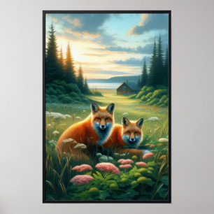 Poster Deux Belles aquarelles Red Foxes Repose