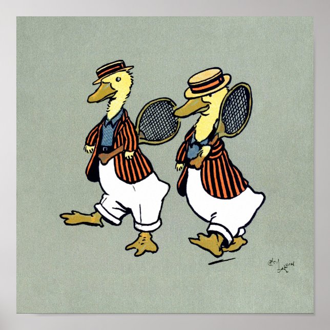 Poster Deux canards avec vestes rayées et raquettes de te (Devant)