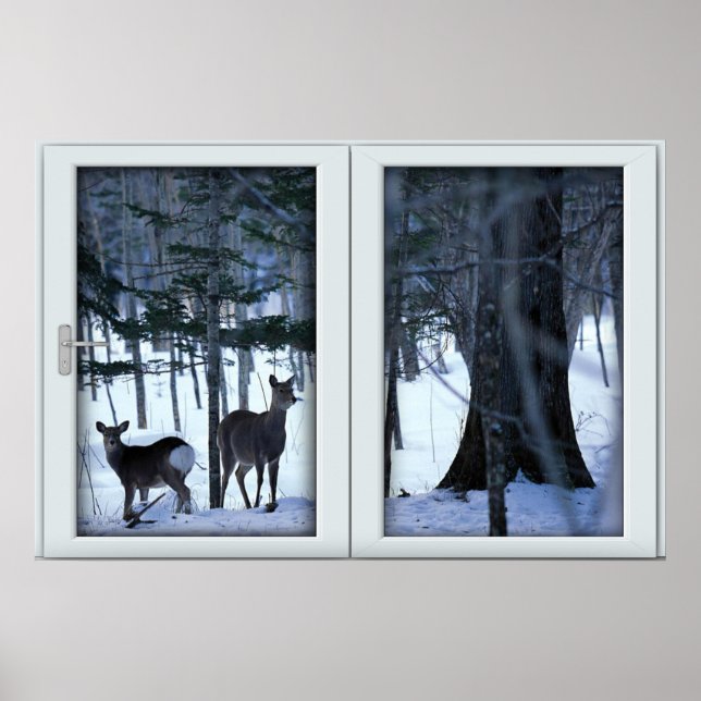 Poster Deux cerfs dans la fenêtre d'hiver avec une affich (Devant)