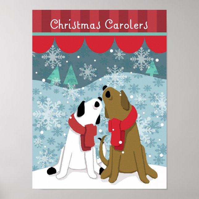 Poster Deux chanteuses de Noël de chien chantent en neige (Devant)