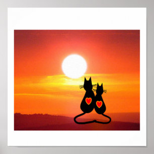Poster Deux chats à la copie d'art de coucher du soleil