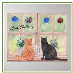 Poster Deux chats à la fenêtre Pittoresque Fleurs sereine