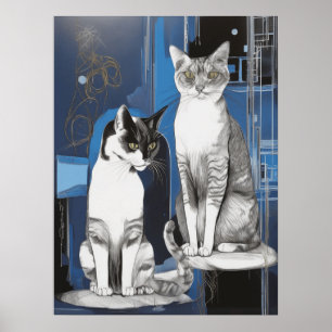 Poster Deux chats gris sur un Arrière - plan Abstrait