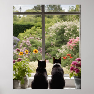 Poster Deux chats regardent le mur de la fenêtre