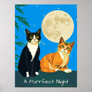 Poster Deux chats sous la Pleine lune