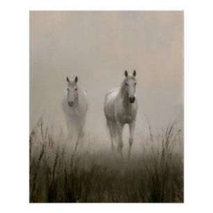 Poster Deux chevaux blancs dans une peinture de prairie b
