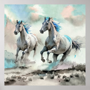 Poster Deux chevaux sauvages en course à l'aquarelle