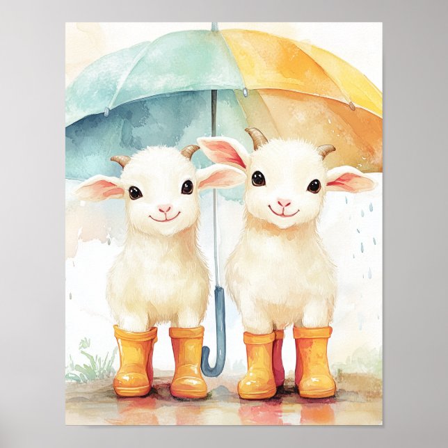 Poster Deux chèvres bébés par jour de pluie (Devant)