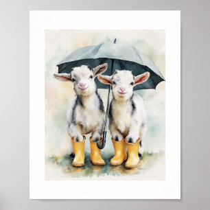 Poster Deux chèvres tachetées pendant un jour pluvieux